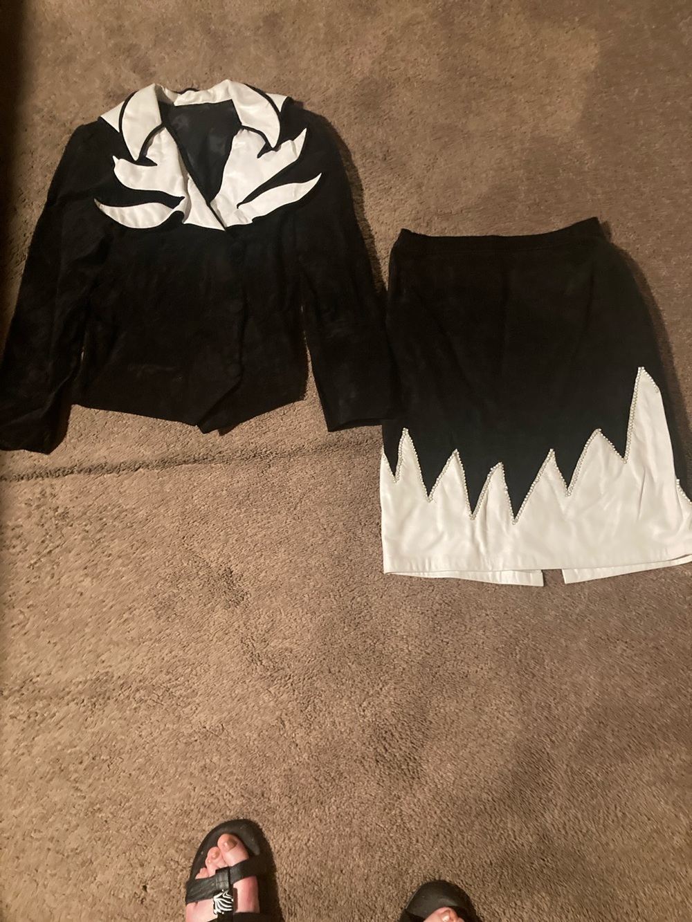 Unique and beautiful white leather and black suede evening suit